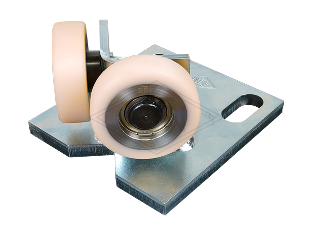 Rolgeleider GGW 6, 125 x 115 x 72 mm, voor tegen weight, voor haaks rail housing spec. staal verzinkt 2 x rollen ø 60 x 18 mm, hole spacing 80,5 mm