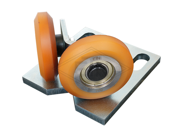 Rolgeleider GGW 7, 125 x 115 x 72 mm, voor tegen weight, voor haaks rail housing spec. staal verzinkt 2 x rollen ø 75 x 20/10 mm, hole spacing 80,5 mm
