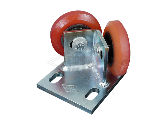 Rolgeleider GGW 4, 100 x 90 x 70 mm, voor tegen weight, voor haaks rail housing spec. staal verzinkt 2 x rollen ø 75 x 20/10 mm, hole spacing 60 mm