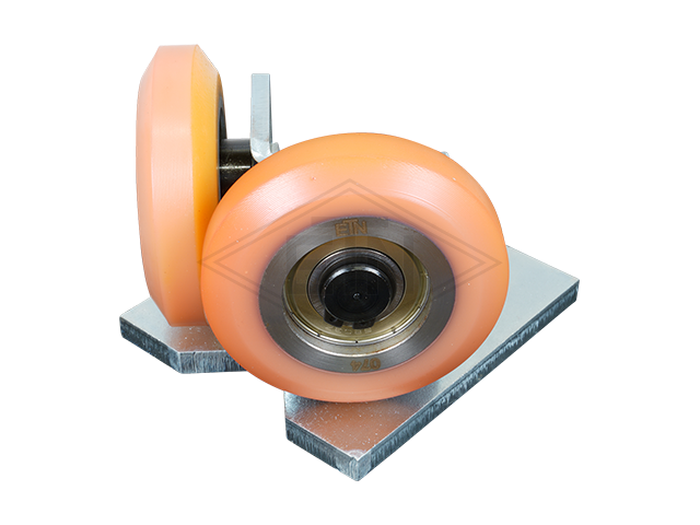 Rolgeleider GGW 3, 100 x 90 x 70 mm, voor tegen weight, voor haaks rail housing spec. staal verzinkt 2 x rollen ø 75 x 20/10 mm, hole spacing 50 mm