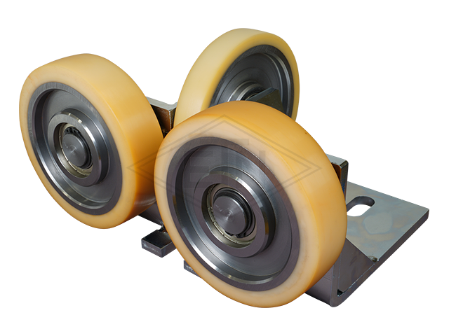 Rolgeleider FK 7 voor car, 280 x 175 x 130 mm, housing spec. staal galvanize, 2 x rollen ø 150/30 x 40 mm, 1 x rol ø 150/25 x 25 mm, cores staal