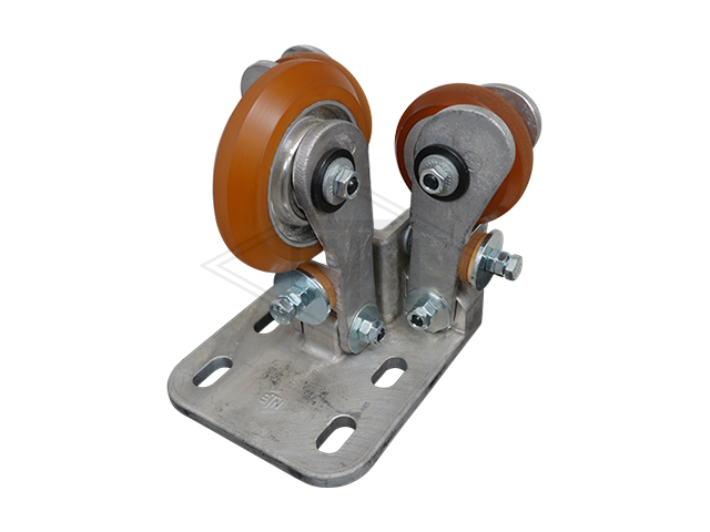 Spring-loaded rolgeleider RFGK 1-A, housing spec. aluminium 2 x rollen ø 75/20 x 25 mm, one side chamfered, 1 x rol ø 100/20 x 25 mm, on both sides conical (voor rail 50 x 50 x 5 mm), kogel bea...