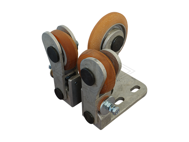 Spring-loaded rolgeleider RFGK 1-C, housing spec. aluminium 2 x rollen ø 75/20 x 25 mm, one side chamfered, 1 x rol ø 100/20 x 25 mm, on both sides conical (voor rail 45 x 45 x 5 mm), kogel bea...
