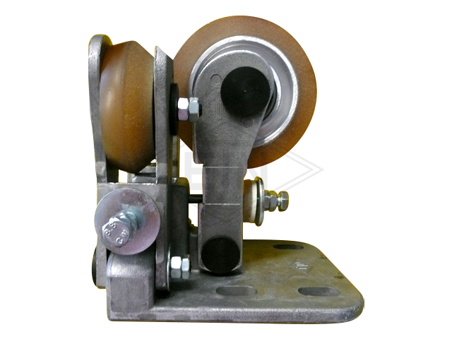 Spring-loaded rolgeleider RFGK 1-C, housing spec. aluminium 2 x rollen ø 75/20 x 25 mm, one side chamfered, 1 x rol ø 100/20 x 25 mm, on both sides conical (voor rail 45 x 45 x 5 mm), kogel bea...