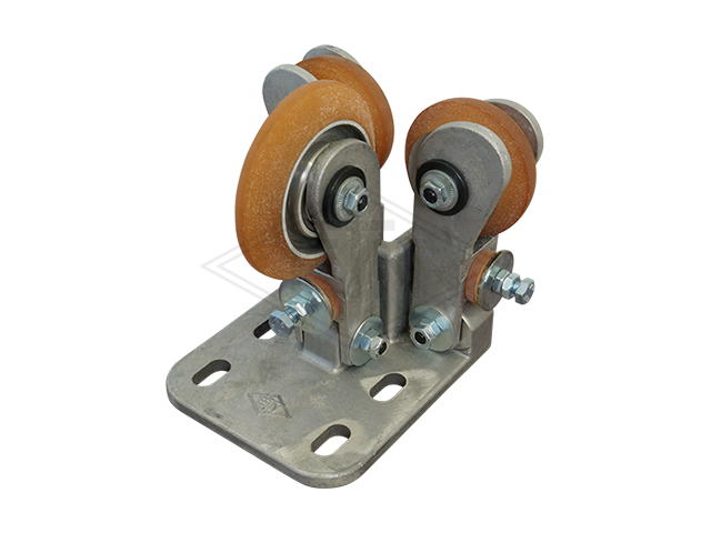 Spring-loaded rolgeleider RFGK 1-C, housing spec. aluminium 2 x rollen ø 75/20 x 25 mm, one side chamfered, 1 x rol ø 100/20 x 25 mm, on both sides conical (voor rail 45 x 45 x 5 mm), kogel bea...