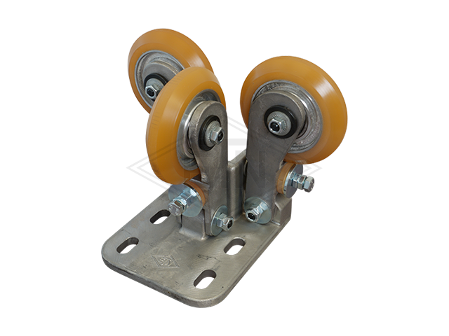 Spring-loaded rolgeleider RFGK 2-A, housing spec. aluminium 3 x rollen ø 100/20 x 25 mm, chamfered on both sides, rollen damped, spherical