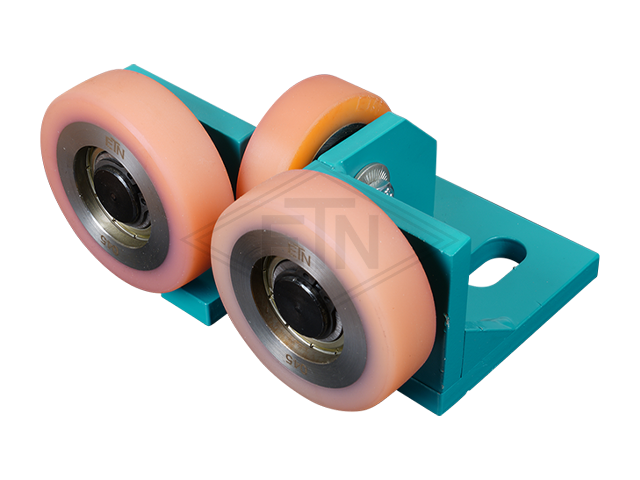 Rolgeleider voor MAN-counterweight, 120 x 75 x 55 mm, trestle staal powder coatet, 2 x rollen ø 60 x 18 mm, 1 x rol ø 50 x 15 mm