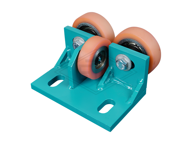 Rolgeleider voor MAN-counterweight, 120 x 75 x 55 mm, trestle staal powder coatet, 2 x rollen ø 60 x 18 mm, 1 x rol ø 50 x 15 mm