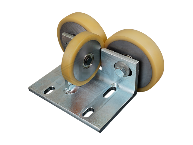 Rolgeleider FK 4, 180 x 120 x 100 mm, voor cabin, staal housing, verzinkt 2 x rollen ø 125 x 30 mm, 1 x rol ø 100 x 20 mm, hole pattern adjusted tot Thyssen-guide holder-nr...