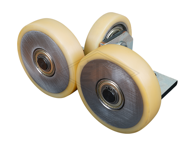 Rolgeleider FK 4, 180 x 120 x 100 mm, voor cabin, staal housing, verzinkt 2 x rollen ø 125 x 30 mm, 1 x rol ø 100 x 20 mm, hole pattern adjusted tot Thyssen-guide holder-nr...