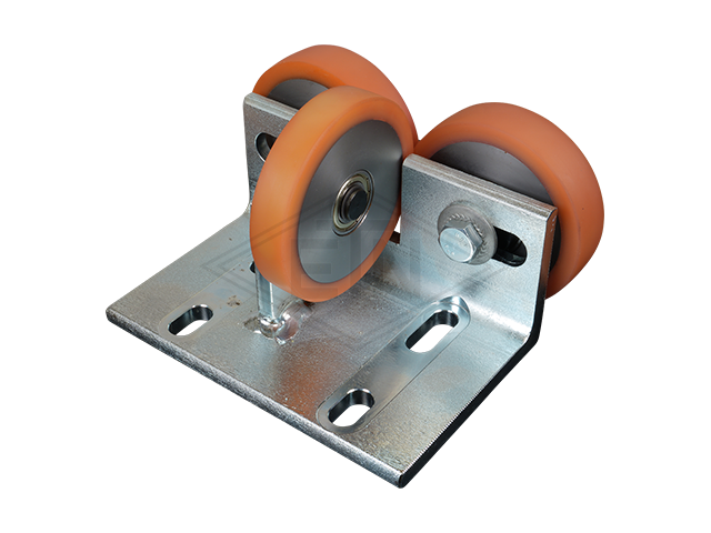 Rolgeleider FK 1, 180 x 120 x 100 mm, voor cabin, staal housing, verzinkt 2 x rollen ø 100 x 25 mm, 1 x rol ø 100 x 20 mm, hole pattern adjusted tot Thyssen-guide holder-nr...