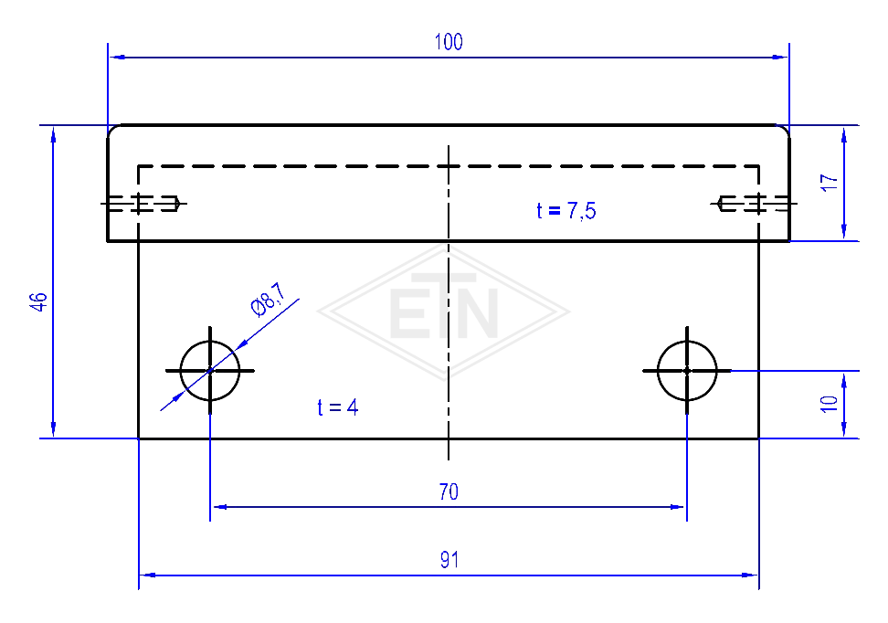 Deurgeleider 100 x 46 x 7,5/4 mm, roestvrij staal glijgeleider ETN ® -HM-1000, 2 holes ø 8,7 mm, distance 70 mm