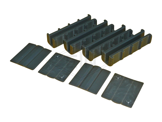 Set van geleider schoenen inzetstukken 130 x 29 x 32,5 mm, met ribs, consisting van ETN ® -HM-1000: 4 pieces van art. n°. 906131H09, voor rail 9 mm, met ribs