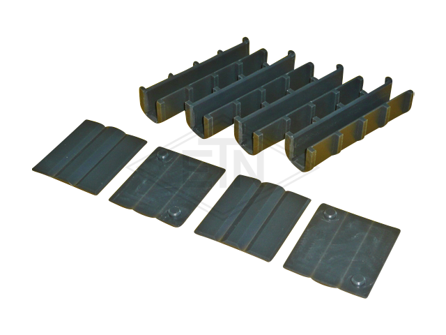 Set van geleider schoenen inzetstukken 130 x 29 x 32,5 mm, met ribs, consisting van ETN ® -HM-1000: 4 pieces van art. n°. 906131H16, voor rail 16 mm