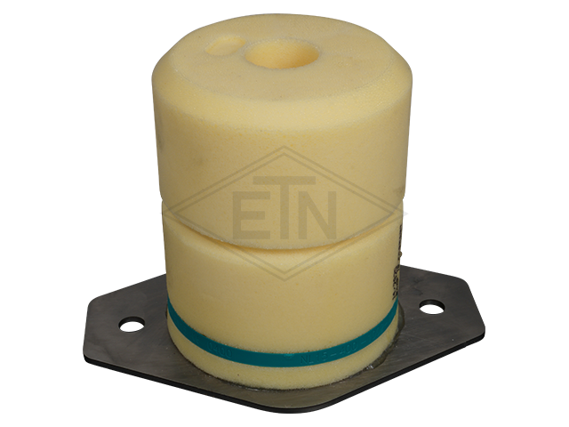 Liftbuffer EN 15, ø 125 x 150 mm, met oval staal plaat en marking volgens EN 81-20/50 (lift directive 2014/33/EU)