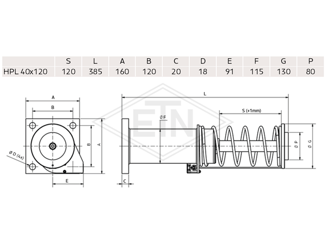 Hydraulic buffer H12, ø 40 x 120 mm, hoogte 385 mm, hydraulic system met switch voor lifts up tot 1,3 m/s nominal speed, volgens EN 81 - 20/50 : 2014, EN 81 - 1/2 1998+A3; 2009 met operation...