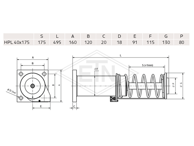 Hydraulic buffer H13, ø 40 x 175 mm, hoogte 495 mm, hydraulic system met switch voor lifts up tot 1,6 m/s nominal speed, volgens EN 81 - 20/50 : 2014, EN 81 - 1/2 1998+A3; 2009 met operation...