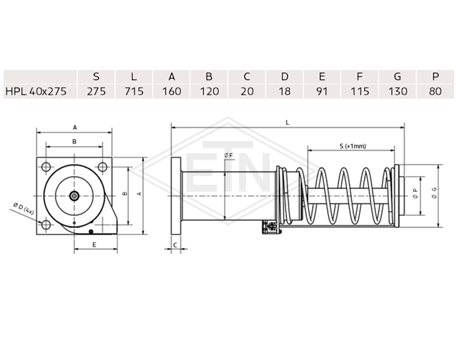 Hydraulic buffer H14, ø 40 x 275 mm, hoogte 715 mm, hydraulic system met switch voor lifts up tot 2,0 m/s nominal speed, volgens EN 81 - 20/50 : 2014, EN 81 - 1/2 1998+A3; 2009 met operation...
