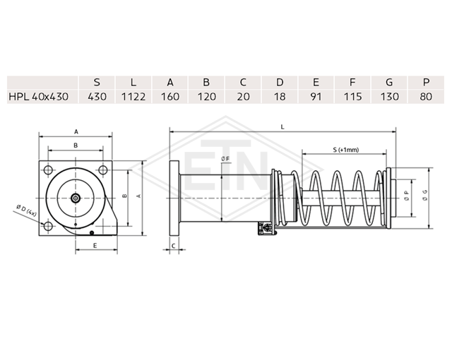 Hydraulic buffer H15, ø 40 x 430 mm, hoogte 1.122 mm, hydraulic system met switch voor lifts up tot 2,5 m/s nominal speed, volgens EN 81 - 20/50 : 2014, EN 81 - 1/2 1998+A3; 2009 met operati...