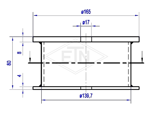 Buffer distance stuk ø 165 x 80 mm, double-sided holes ø 17 mm, materiaal staal gegrond surface, incl. montage materiaal Recommendation regarding de use van boven buffers en buffer distance stuk