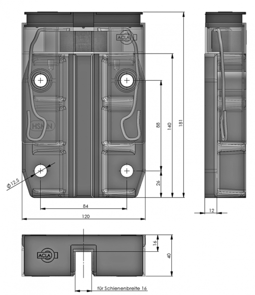 Geleideschoen HSM (N-TYPE) met railsmeerpot AK 10 - complete oplossing voor railbreedte 16 mm