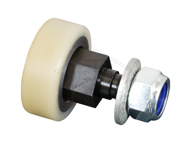 Rol VSL ø 40/M12 x 15 mm VU 93°/steel-core, 1 x ball-bearing 6000 ZZ, centrisch as M12, buiten schroefdraad zeskant SW19, surface gebruineerd inclusief serrated lock...