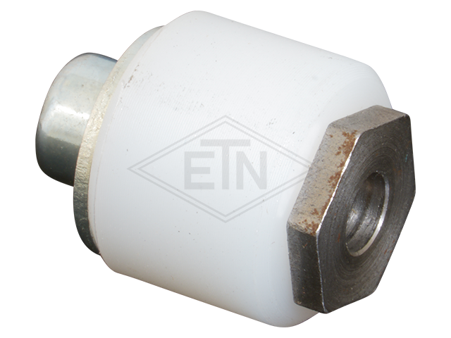 Tegenrol PA6G ø 20/10 x 15 mm, met as SW14, cheese-head schroeven M6 x 16 en ø plaat 18 mm
