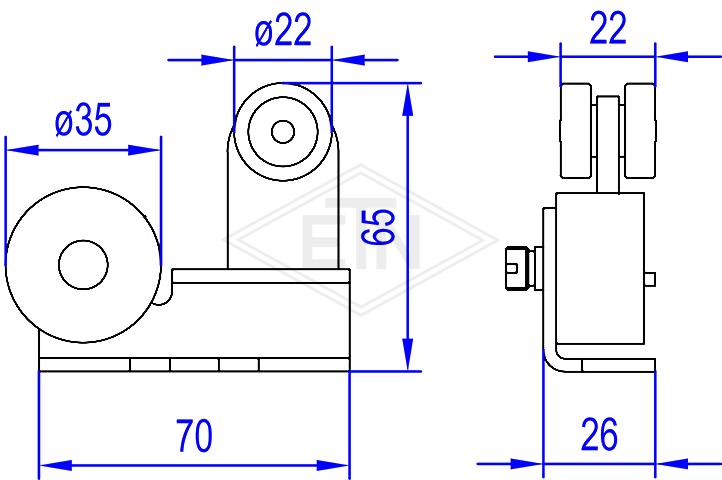Deur hanger 70 x 65 x 26 mm, staal 2 x rollen PA6 ø 22 x 7 mm, 1 x tegenrol PA6 ø 35 x 20 mm