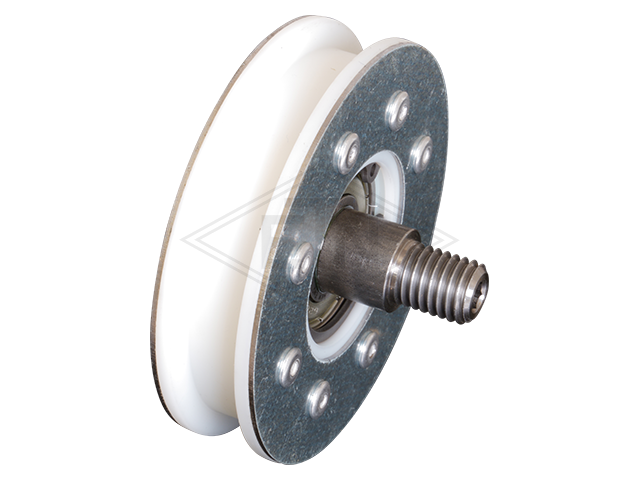 Deurrol POM ø 80/70/M12 x 20 mm, met zijdelings staal plates, as centrisch M12 buiten schroefdraad