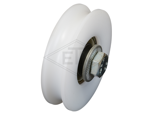 Deurrol PA6G ø 74/63,5/17 x 18 mm, rond Moer R 6,5, centrical as M10 binnen schroefdraad distance-ring en zeskant bouten zonder steun plaat