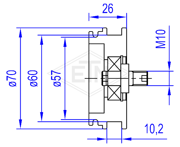 Deurrol PA6 ø 70/60/M10 x 26/10,2 mm, as M10 centrisch buiten schroefdraad