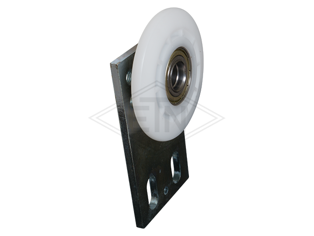 Deur steun 107 x 60 x 5 mm, recht rol ø 74,5 mm PA6G, console verzinkt hoogte 127 mm, geschikt voor Schindler-door QKS 9