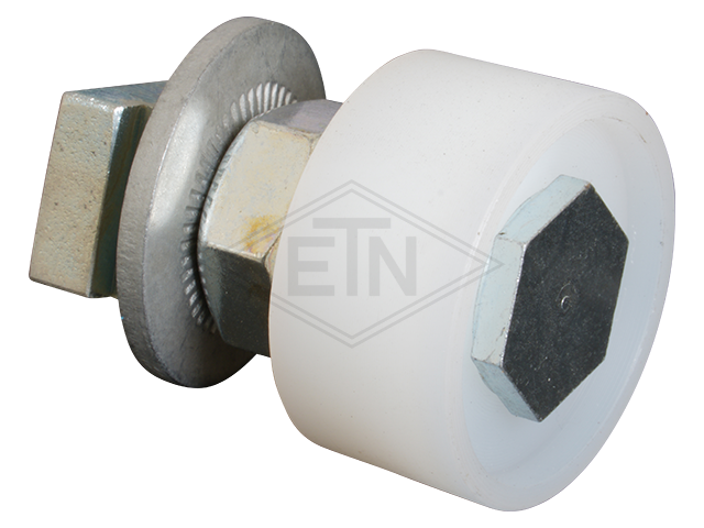 Staafrol PA6G ø 30/29/M10 x 15 mm, as centrisch M10 buiten schroefdraad incl. moer veerring en block met M10 binnen schroefdraad rol voor deur locking