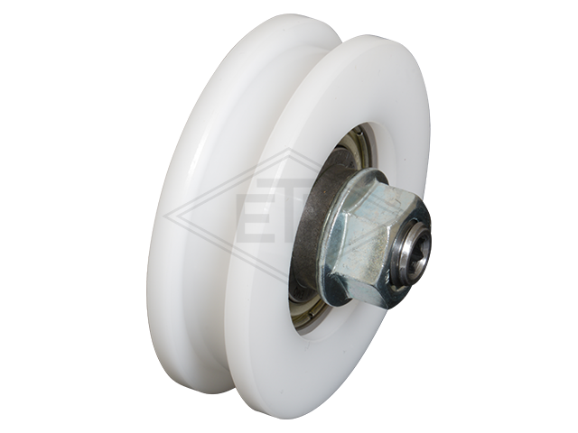 Deurrol POM ø 55,5/48/M10 x 16/8,4 mm, vierkant groef 8,4 mm, as M10 buiten schroefdraad zeskantmoer M10 met locking teeth
