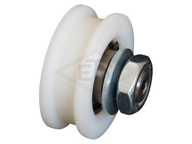 Deurrol PA6G ø 55,5/47,5/15 x 20/10 mm, 1 x ball-bearing 6202 ZZ, as centrisch M16 x 1,5, buiten schroefdraad met montage parts