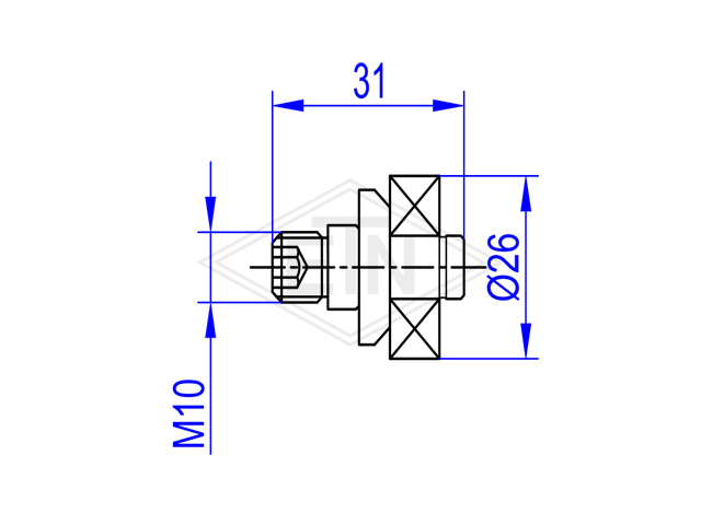 Gegenrolle ø 26/22/M10 x 31 mm, zentrische Achse mit Kugellager 629 ZZ