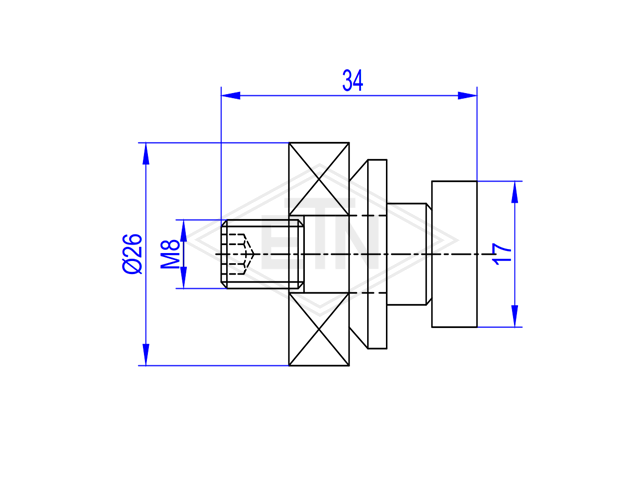Gegenrolle ø 26/17 x 11,6/M8 x 34 mm, zentrische Achse mit Kugellager 629 ZZ, Unterlegscheibe ø 22/9,1 x 5 mm