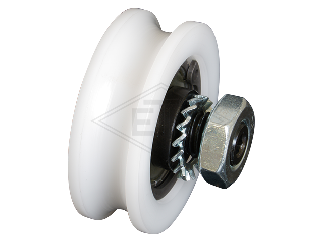 Deur rol POM, ø44/37, M10 x 15 mm, M10 centre-aligned buiten schroefdraad met M10 hex moer (DIN 936) en ringen