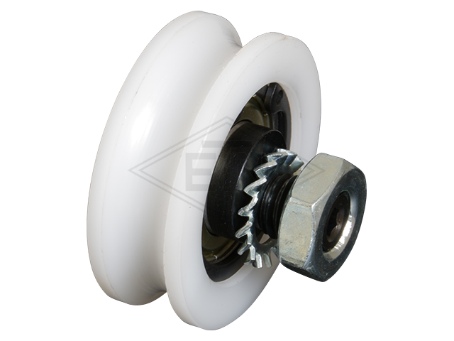 Gegenrolle POM ø44/37/M10 x 15 mm, 1 x Kugellager 6200 ZZ, Achse exzentrisch M10 Außengewinde, EH 2,5 mm, mit Sechskantmutter M10 DIN 936 und Fächerscheibe