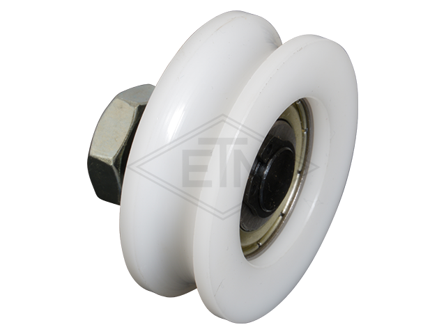 Gegenrolle POM ø44/37/M10 x 15 mm, 1 x Kugellager 6200 ZZ, Achse exzentrisch M10 Außengewinde, EH 2,5 mm, mit Sechskantmutter M10 DIN 936 und Fächerscheibe