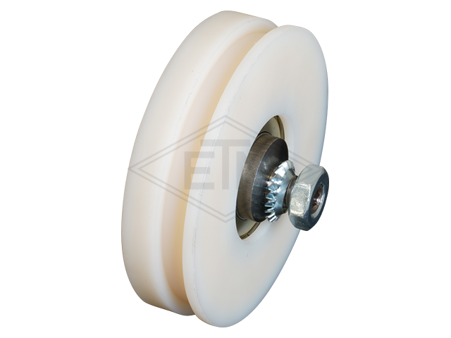 Gegenrolle POM ø44/37/M10 x 15 mm, 1 x Kugellager 6200 ZZ, Achse exzentrisch M10 Außengewinde, EH 2,5 mm, mit Sechskantmutter M10 DIN 936 und Fächerscheibe