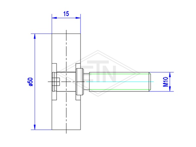Staafrol ø 50/M10 x 15 mm, VU 80° Shore A, as centrisch M10 buiten schroefdraad