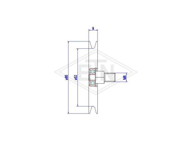 Kabelrol POM ø 65/52/M8 x 8 mm, as centrisch M8 buiten schroefdraad met zeskant flat moer M8 en serrated veerring